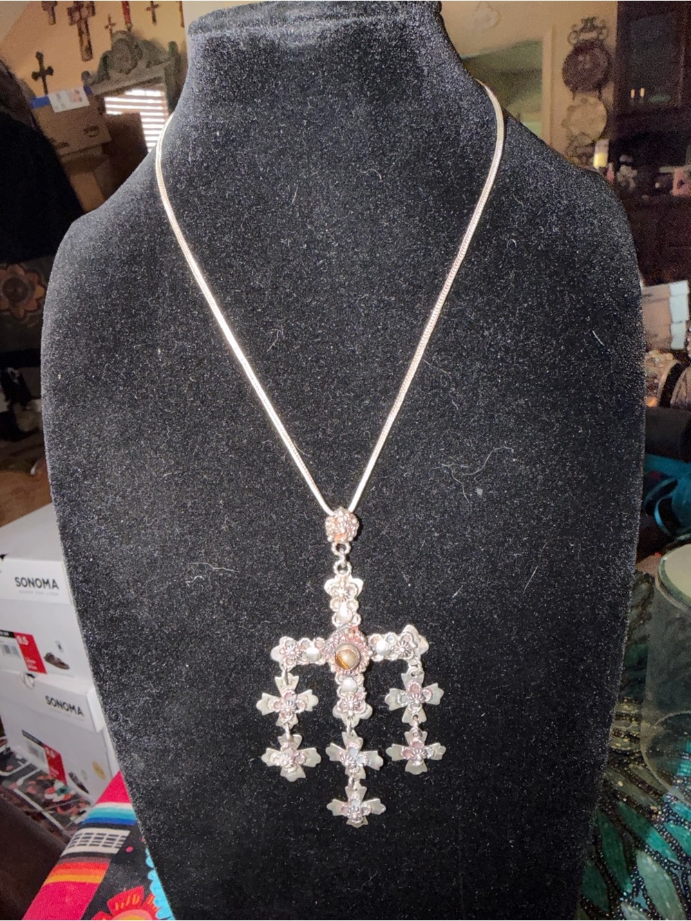 Vintage Taxco Sterling Tigers Eye Yalalag Cross Necklace
